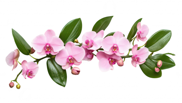 A arrangement of pink orchids with lush green leaves. elegantly displayed on a white background. perfect for floral designs. invitations. or decor