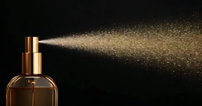 Luxury golden perfume bottle spraying fragrance on a dark background studio shot