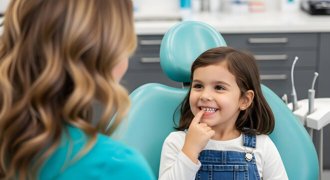 Happy little girl at the dentist appointment smiling showing healthy teeth dental care child healthcare oral hygiene pediatric dentistry kids teeth checkup