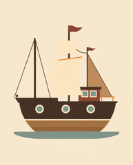 Colorful sailing ship on calm waters, showcasing vibrant sails and a friendly atmosphere at sunset