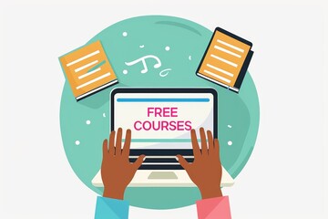 Computer display features free learning and circuit board design with bokeh lights in background for a digital style