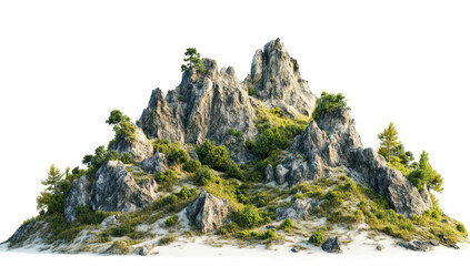 A serene rocky mountain landscape featuring rugged cliffs and lush greenery. set against a bright white background. ideal for nature-themed projects or digital art