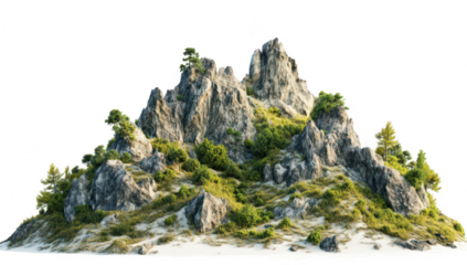 A serene rocky mountain landscape featuring rugged cliffs and lush greenery. set against a bright white background. ideal for nature-themed projects or digital art