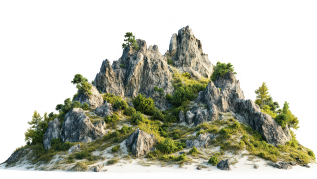 A serene rocky mountain landscape featuring rugged cliffs and lush greenery. set against a bright white background. ideal for nature-themed projects or digital art
