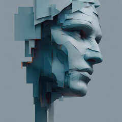 Abstract digital sculpture of a human head, fragmented into geometrical shapes, blending art and technology in a cool-tone palette.