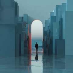 A person stands between futuristic buildings facing a bright archway, reflecting on the water in a serene, surreal setting.