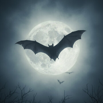 Silhueta de morcegos voando sobre a lua cheia em um c&eacute;u escuro