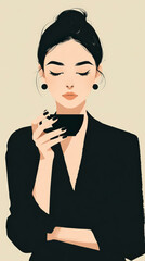 Stylish illustrated woman in black outfit with elegantly tied hair, holding a cup with her perfectly manicured hands.