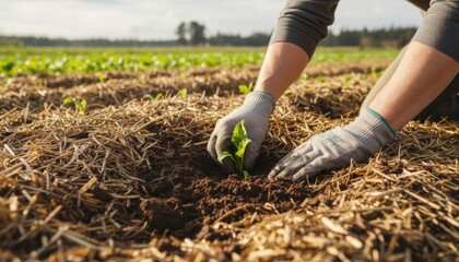 Medium shot of a farmer planting beet seedlings in nutrientrich soil showcasing organic farming methods with natural compost and mulch.