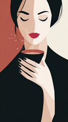 Elegant stylized illustration of a woman, eyes closed, savoring a drink from a cup, with a serene expression and minimalist design.