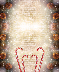 Christmas vertical background with empty brick wall template, candy cane lollipop, decorative fir tree and cones. New Year winter holidays concept, snowy fairy tale magic mysterious abstract card.