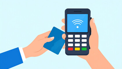 Contactless card payment with a wireless terminal and card reader in hand for cashless transactions today