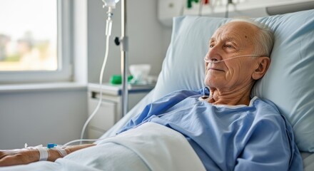 An elderly man lying in a hospital bed with a nasal cannula and IV drip.