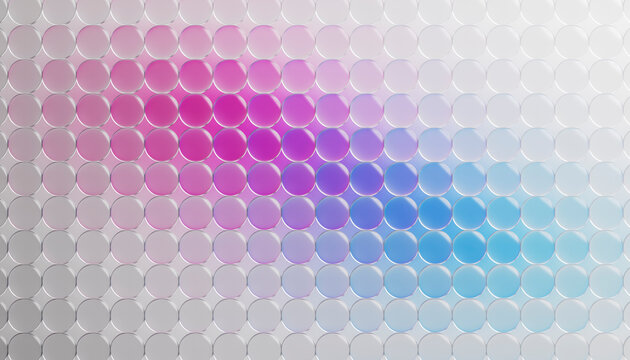 Blue and pink glowing glass circles grid forms network 3D