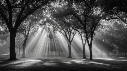 Sunlight beams through mist among a serene row of trees, creating dramatic rays and silhouettes in a peaceful park setting.