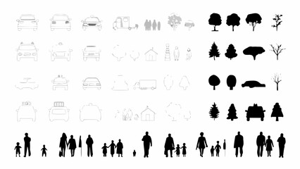 Diverse city elements in black and white, perfect for urban planning mockups or design projects, featuring people, trees, cars, and houses in silhouette