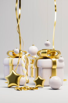 3D white gift boxes with gold ribbon