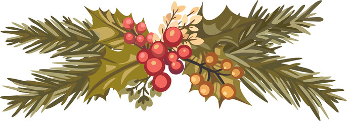 Merry Christmas! Happy New Year! A composition in deep traditional shades with a New Year's holiday theme and botanical elements. Flat digital illustration in a modern style.