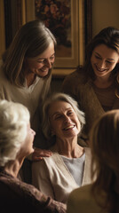 Fototapeta premium Group of women smiling and enjoying time with elderly woman indoors 