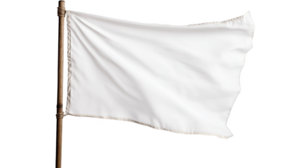 A pristine white flag waving gently on a wooden pole against a plain background. symbolizing peace or surrender. ideal for concepts of neutrality or calmness in various contexts