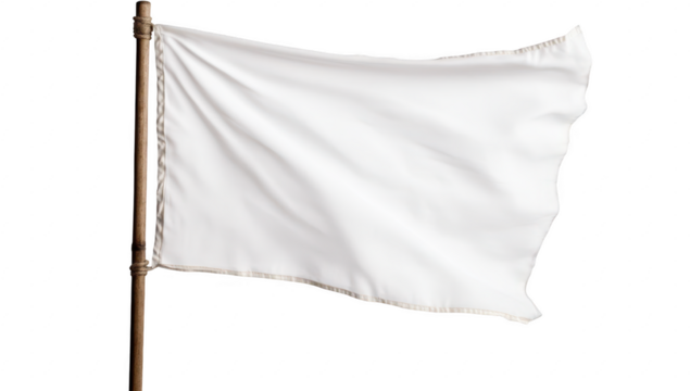 A pristine white flag waving gently on a wooden pole against a plain background. symbolizing peace or surrender. ideal for concepts of neutrality or calmness in various contexts