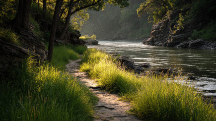 A tranquil river flows gently through a lush, tree-lined gorge under soft sunlight, highlighting a serene walking path at the shore.
