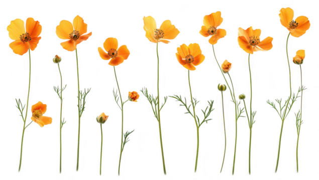 A arrangement of bright orange flowers with delicate green stems. their natural beauty against a clean white background. ideal for floral design or botanical illustrations - Powered by Adobe
