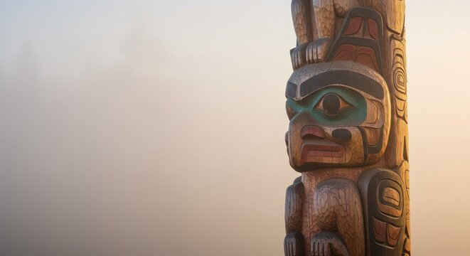 Wooden totem pole with traditional carvings. Native American art and heritage, indigenous culture. Cultural symbol.