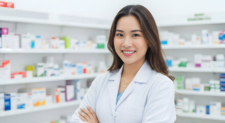 Confident Pharmacist Smiling in Modern Pharmacy Dispensing Healthcare Professional Medical Worker Drugstore Medicine Health Wellness Caregiver Pharmacy Technician Pharmacist Assistant