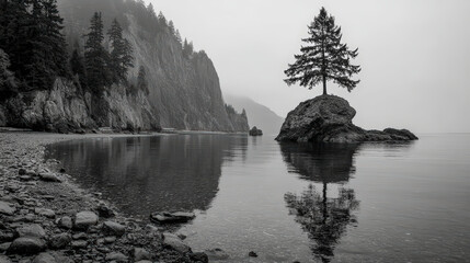A solitary tree stands on a rock, mirrored in calm waters, with fog-enshrouded cliffs lining a serene, pebbly shore.