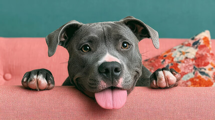 A playful gray dog with a pink tongue out, peeking over a pink couch, looking curious and excited.