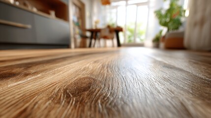 Obraz premium Medium shot focused on laminate floorings wood grain pattern emphasizing scratch resistance and durability under foot with softly blurred surroundings.
