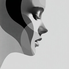 Artistic black and white portrait of a woman's profile with distinct geometric patterns overlaying her face.
