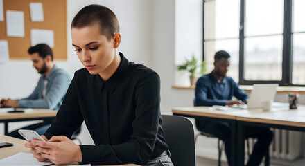 Focused young businesswoman texting on smartphone in modern office coworkers background team collaboration productivity technology communication