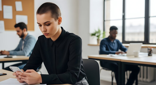 Focused young businesswoman texting on smartphone in modern office coworkers background team collaboration productivity technology communication