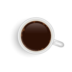 Overhead view of a fresh black coffee served in a white ceramic cup, isolated on a clean white background