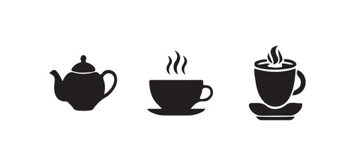 Simple black and white icon of a steaming cup of coffee, mug icon for cafe design,  Vector illustration EPS 10.
