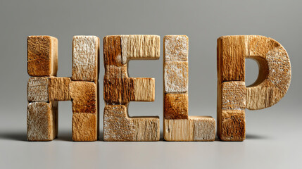 The word "HELP" sculpted in bold, textured wooden letters against a neutral gray background.