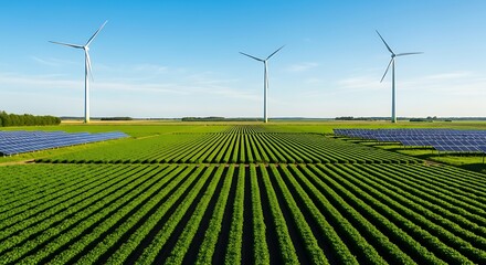 Scenic view of farmland using wind turbines and solar panels for clean energy.