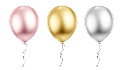 A display of three glossy balloons in pink. gold. and silver. elegantly arranged with twisting ribbons. set against a clean white background. perfect for festive celebrations or party decorations