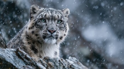 Fototapeta premium Majestic Snow Leopard on Rocky Outcrop in the Himalayas, Direct Gaze