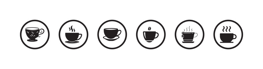 Simple black and white icon of a steaming cup of coffee, mug icon for cafe design,  Vector illustration EPS 10.
