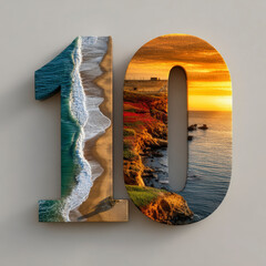 Number 10 overlaid with contrasting images: a foamy ocean shoreline on the left and a sunny cliffside landscape on the right.
