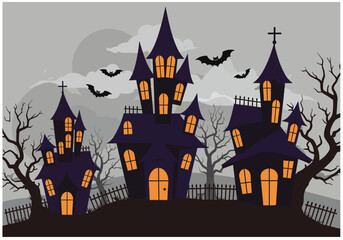Vector art of eerie Halloween scene with haunted houses, bats, and bare trees silhouetted against a gray sky, creating a spooky and festive atmosphere for the holiday season