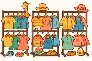 Children’s Clothing Rack Illustration with Colorful Outfits, Accessories, and Toys