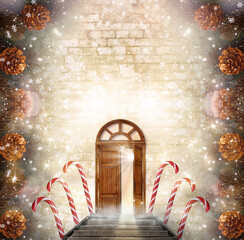 Christmas background with magical opening wooden door and stairs leading to Santa workshop. New Year winter holidays fantasy cozy concept, fairy tale cottage with candy canes, magic dreamy card.
