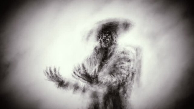 Woman monk hugs pilgrim in hat and disappears in form of glowing fog. Nun enters temple and glows in dark hall. 2D animation horror fantasy genre. Grunge and noir styles.  Cinematic background effect.