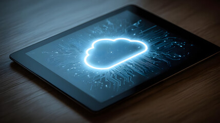 A futuristic tablet displaying a vibrant cloud computing symbol on a wooden surface.