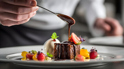 A beautifully plated dessert with chocolate sauce, fruits, and ice cream.