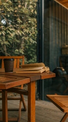 Cozy outdoor reading nook with coffee and a book